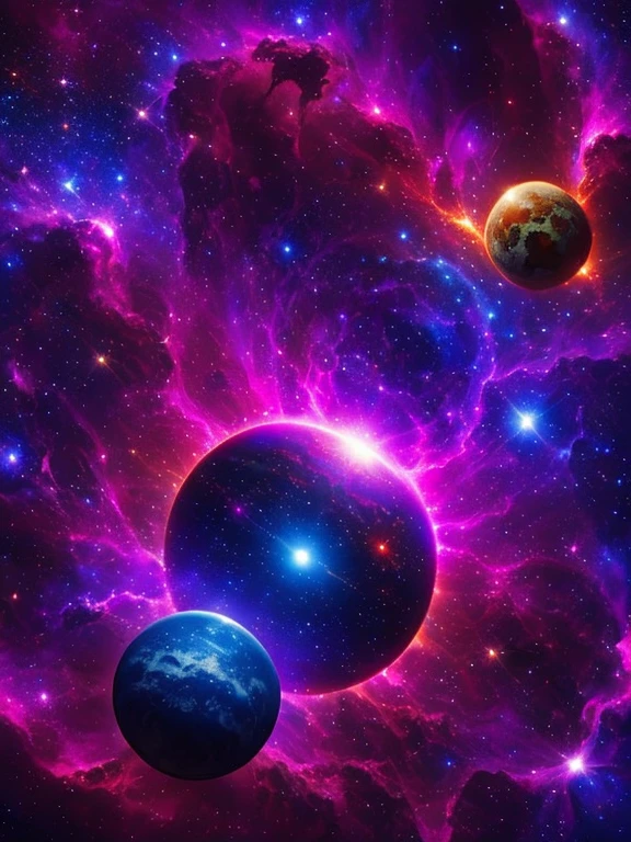Terra dentro de um hipercubo azul cintilante, with the cosmos full of galaxies, Vibrant background stars and planets of multi-colored energies lights.