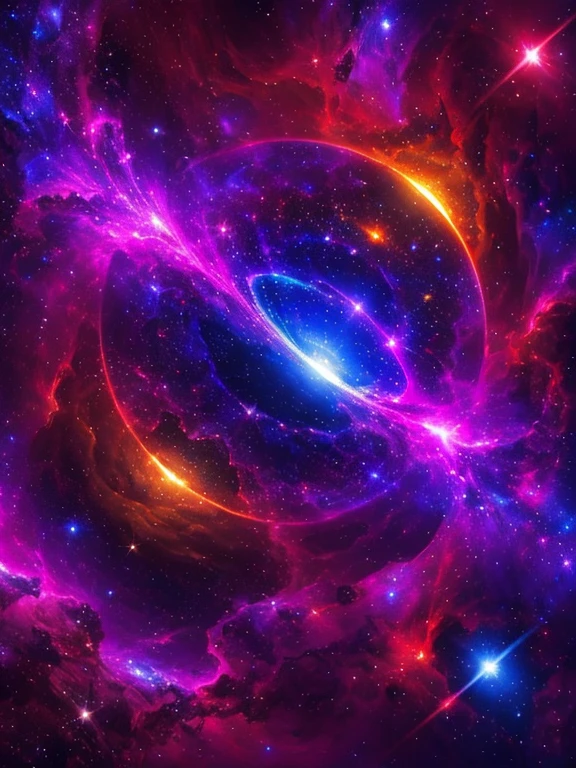 Terra dentro de um hipercubo azul cintilante, with the cosmos full of galaxies, Vibrant background stars and planets of multi-colored energies lights.