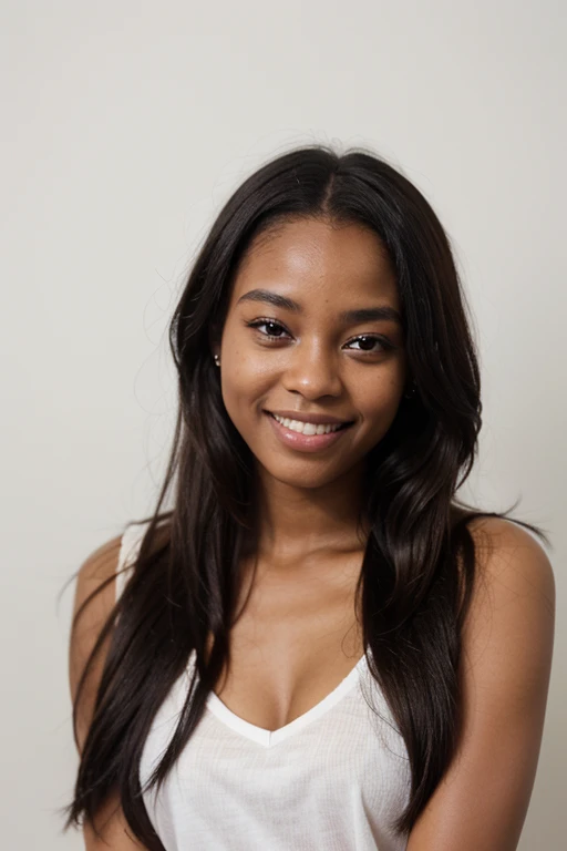 Beautiful 21 year old Zambian girl, African dark, smile, long black hair, white background