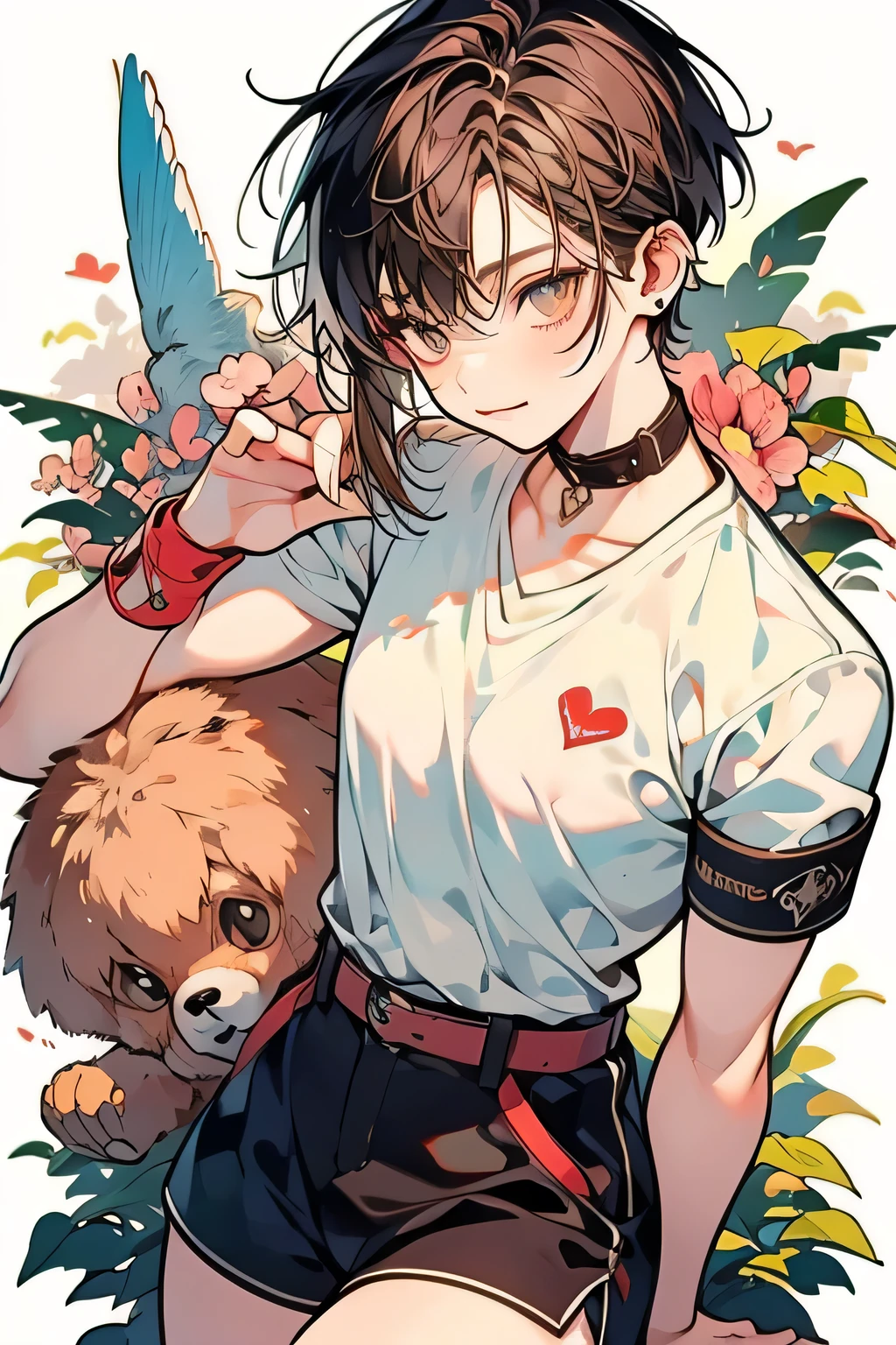 Short sleeve,muscle,Bending arms,youth,refreshing,gentle smile,whole body,Pose showing upper arms,Brown Hair,I can see her thighs