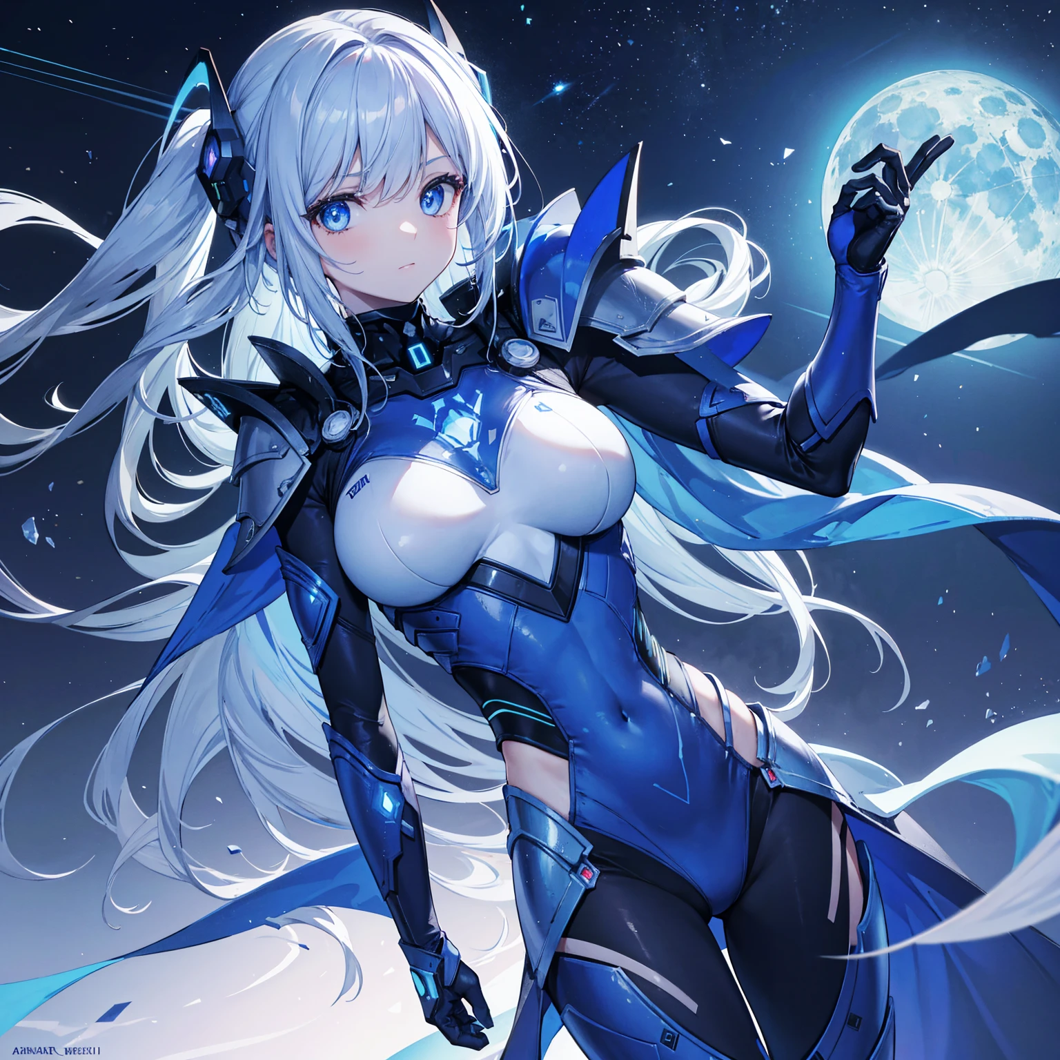 8k, highest quality, (real:1.4), Original photo, 1 girl, Asari Hair, Biological Amplifier, refined armor, posture: Peace talks between warring factions, smart blue eyes,Big moon in the background