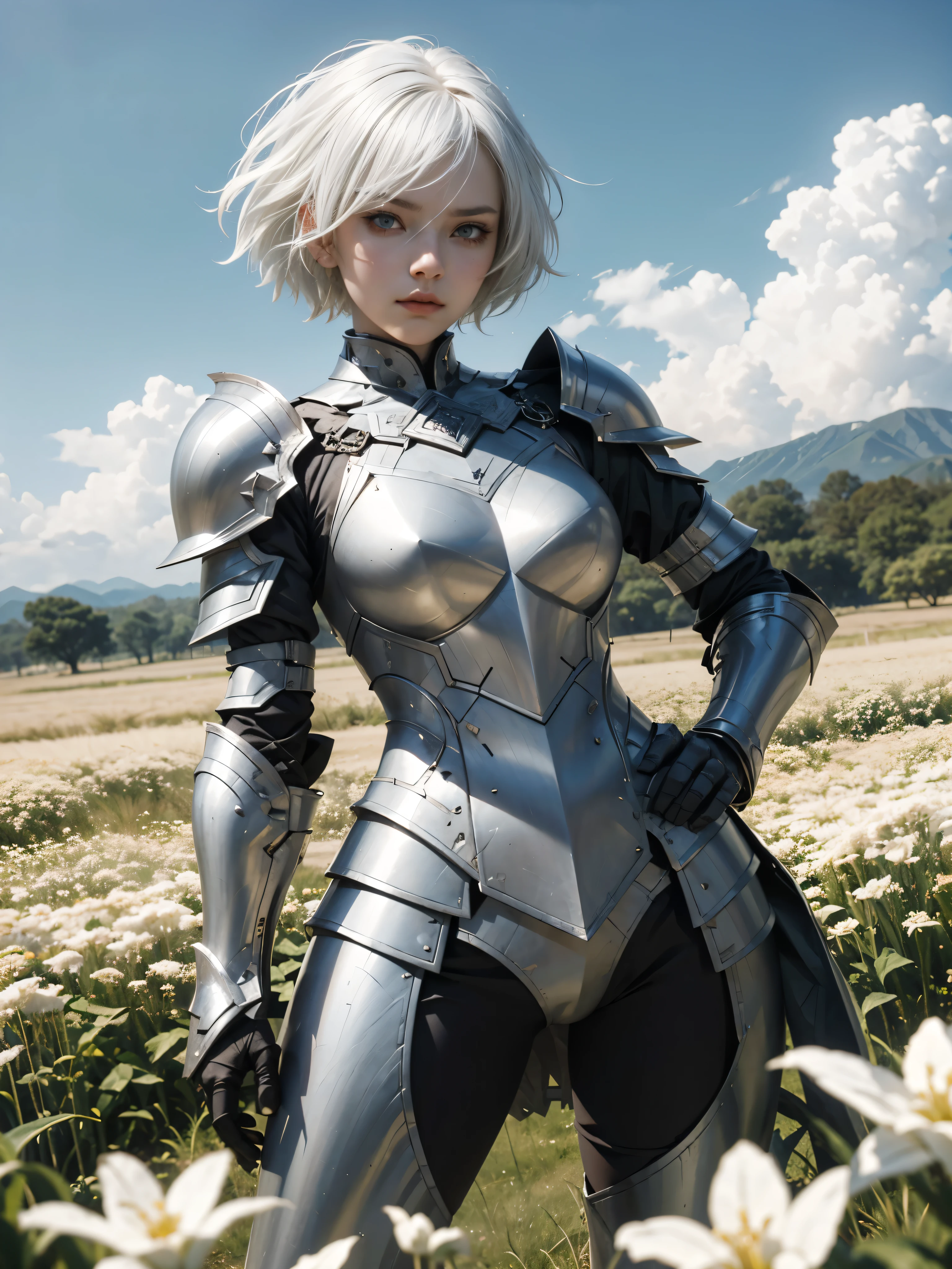 White hair, squinting eyes, armor, Warrior girl, scenery, Sharp eyes.