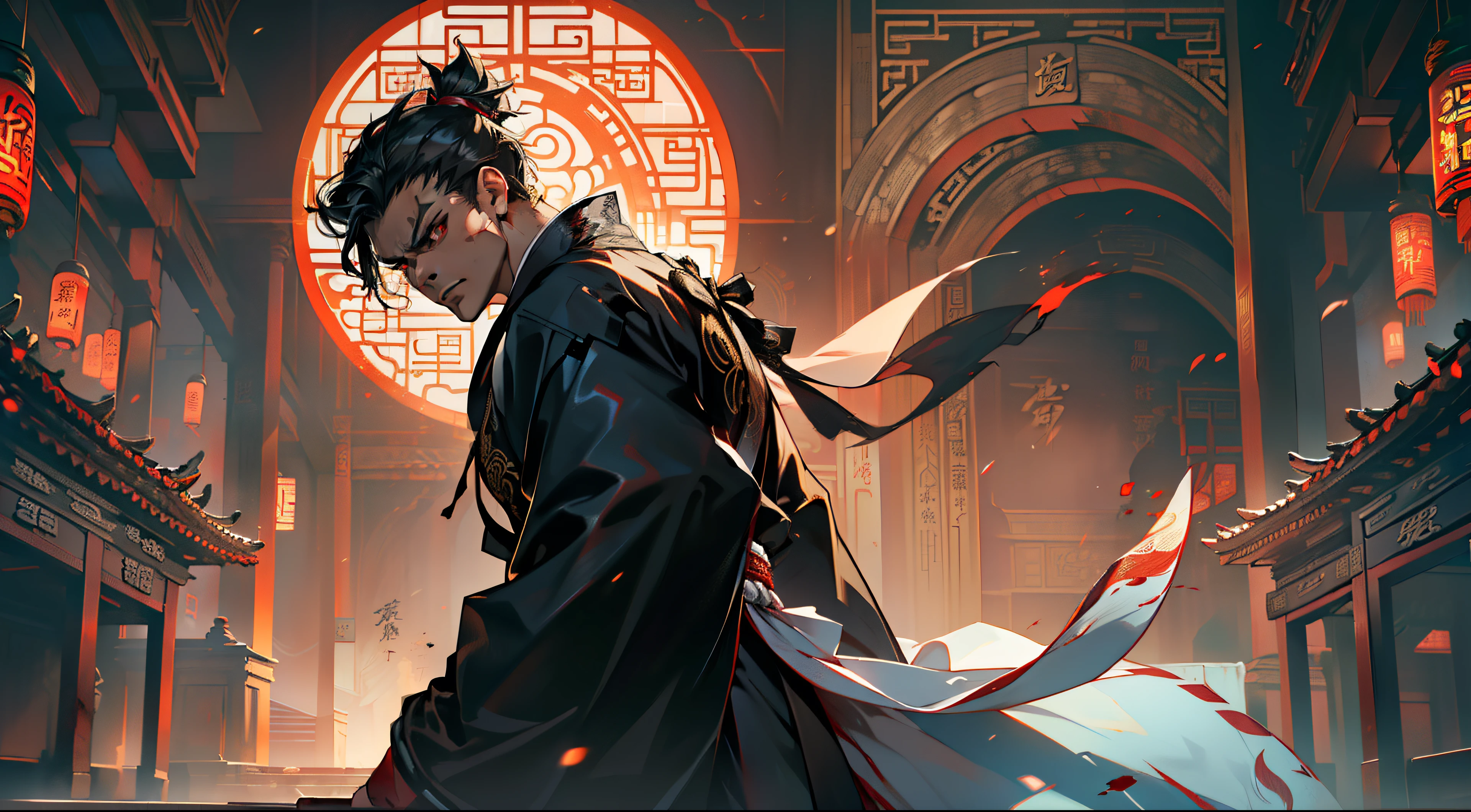 17, (1 persons) (Boy, (((Black coat))), ((Jeunesse Hanfu Noir)), (((A dark-haired))), air royal, magnifica, goodlooking, Extraordinary temperament, current, angry blood red eyes) (Background: Inside the sacred and beautiful former Chinese imperial palace).Focus on the face、high-level image quality、8K