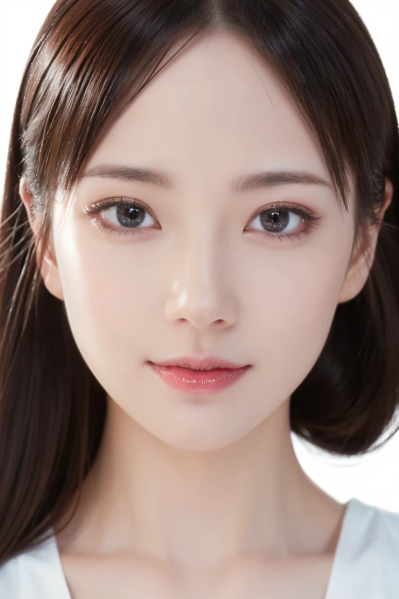 (Tabletop、Highest quality、8k、Award-winning works、Ultra-high resolution)、One Woman、(Face close-up:1.4)、Perfect beautiful face、(Closed lips:1.3)、(Pure white background:1.2)、(nude:1.2)、Put your arms down