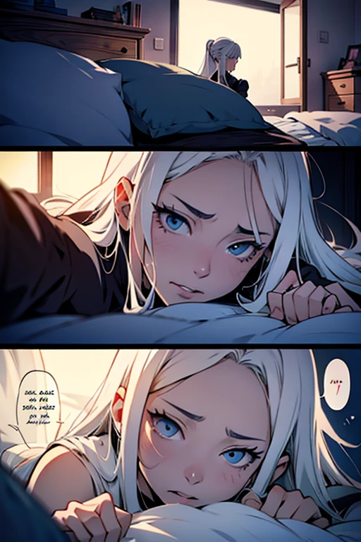 Girl with long white hair waking up from a nightmare panicking, manga page with panels and dialogue 