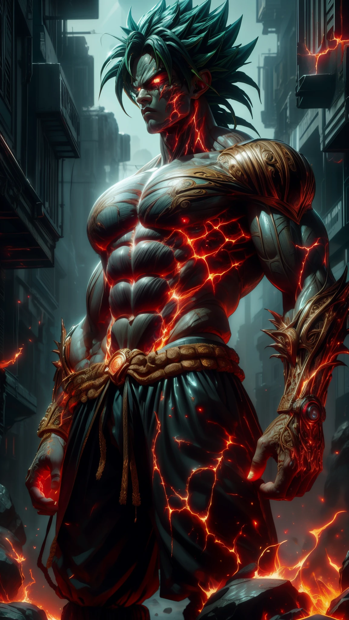 (absurdres, highres, ultra detailed)(masterpiece), (extremely intricate:1.3), (realistic),cyberpunk city,Cinematic Lighting,4k,(masterpiece), (1Broly:1.2),upper body, nvwashireg, burnt clothes,(glowing skin:1.3),(((molten rock skin)))