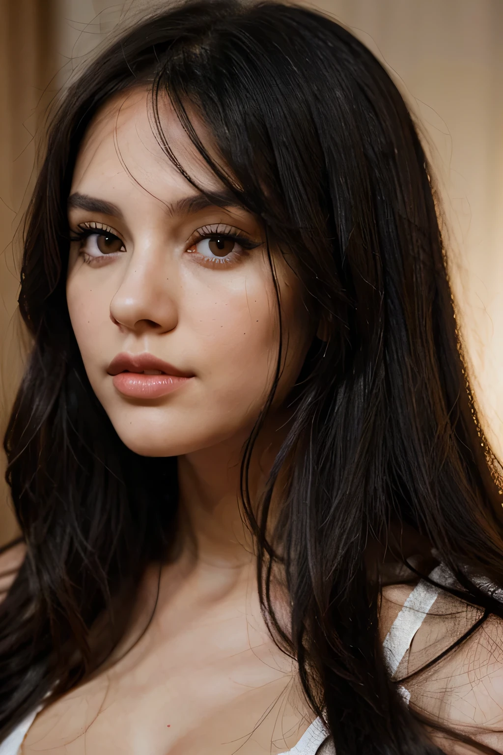 a brunette girl with very long black hair, big black eyes, big lips