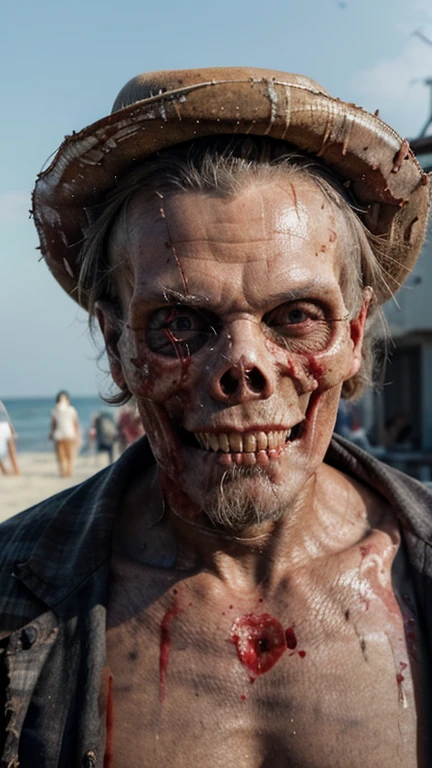 ((Decay skin)) Old zombie man, male, older male figure, ((skull face)), dreary, magnificent, fog, low key, ((RAW photo, 4K, Realistic, Exquisitely Detailed Skin)), Masterpiece, Best quality, offcial art, Unity 8k wallpaper, Ultra detailed , (detaile zombie face),((bloody mouth)), rincled skin, (decay skin), ((pealing off skin decay)),((detailed skull under skin)), detailed decay skin, looking at the camera, ((grey long beard)), dirty red and black flannel shirt, old black cowboy hat, ((cowboy hat)), masterpiece, best quality, extremely detailed eyes, cinematic lightning, intricate detail, highres, official art, finely detailed face, high resolution illustration, 8k, depth of field, ((zombie)), short white hair and blue eyes, short white hair, detailed blue eyes, walkind away in the beach, beach background, sunlight, sunrise, crowded beach, people around, extremely detailed background, zombie decay skin, detailed face decay, decay, terror,((skull decay face)) scary looking, extremely detailed eyes, extremely realistic photo, extreme terror movie scenario, ((long white beard)), older male zombie (((bloody mouth))) ,(smiling), big scream, screaming, angry, mad , shouting, yelling