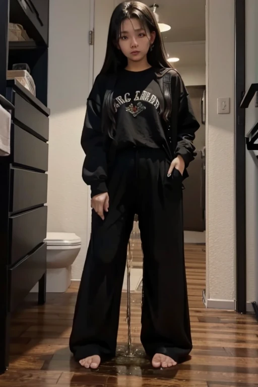 Malay Girl sees the ghost and pees her black ao dai pants until her pants are wet in fright.