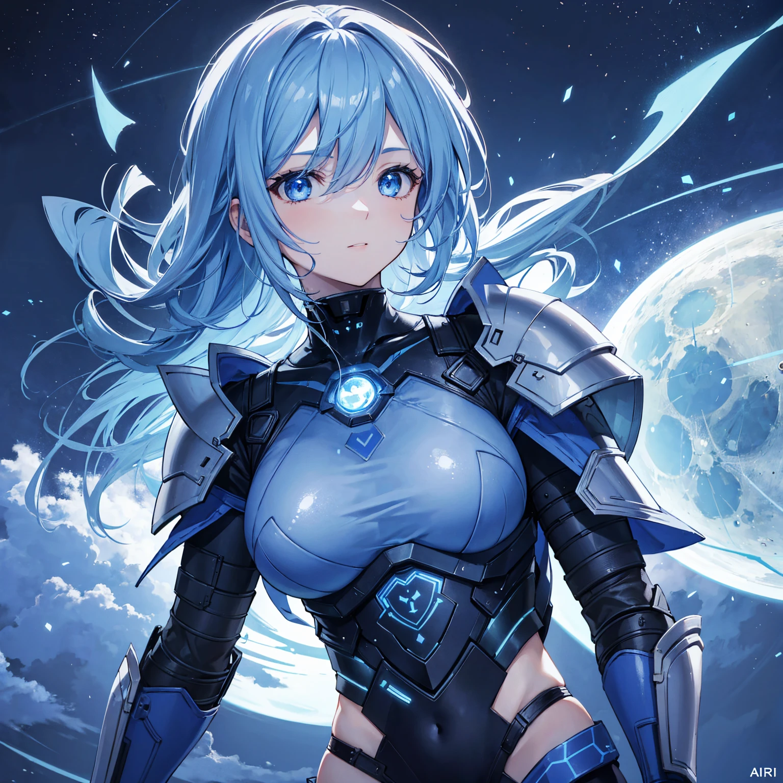 8k, highest quality, (real:1.4), Original photo, 1 girl, Asari Hair, Biological Amplifier, refined armor, posture: Peace talks between warring factions, smart blue eyes,Big blue moon in the background