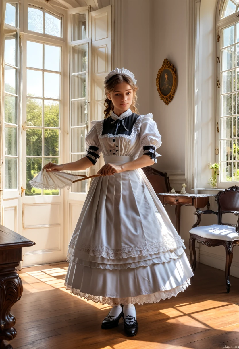 In a Victorian style manor, the sun shines on the elegant wooden floor through the huge french window. A girl dressed in traditional maid attire is carefully wiping antique furniture. Her movements are light, and the lace edges on her uniform sway gently in the breeze, (masterpiece, best quality, Professional, perfect composition, very aesthetic, absurdres, ultra-detailed, intricate details:1.3)