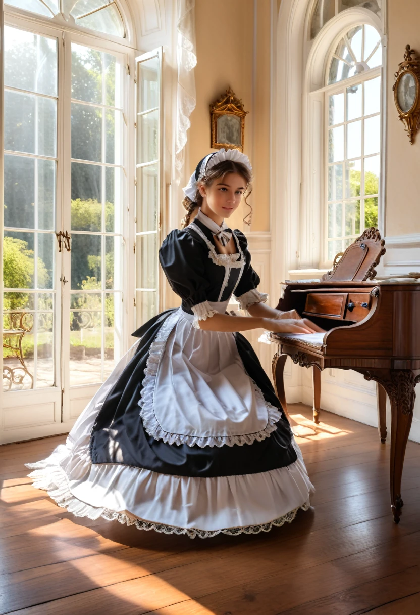 In a Victorian style manor, the sun shines on the elegant wooden floor through the huge french window. A girl dressed in traditional maid attire is carefully wiping antique furniture. Her movements are light, and the lace edges on her uniform sway gently in the breeze, (masterpiece, best quality, Professional, perfect composition, very aesthetic, absurdres, ultra-detailed, intricate details:1.3)