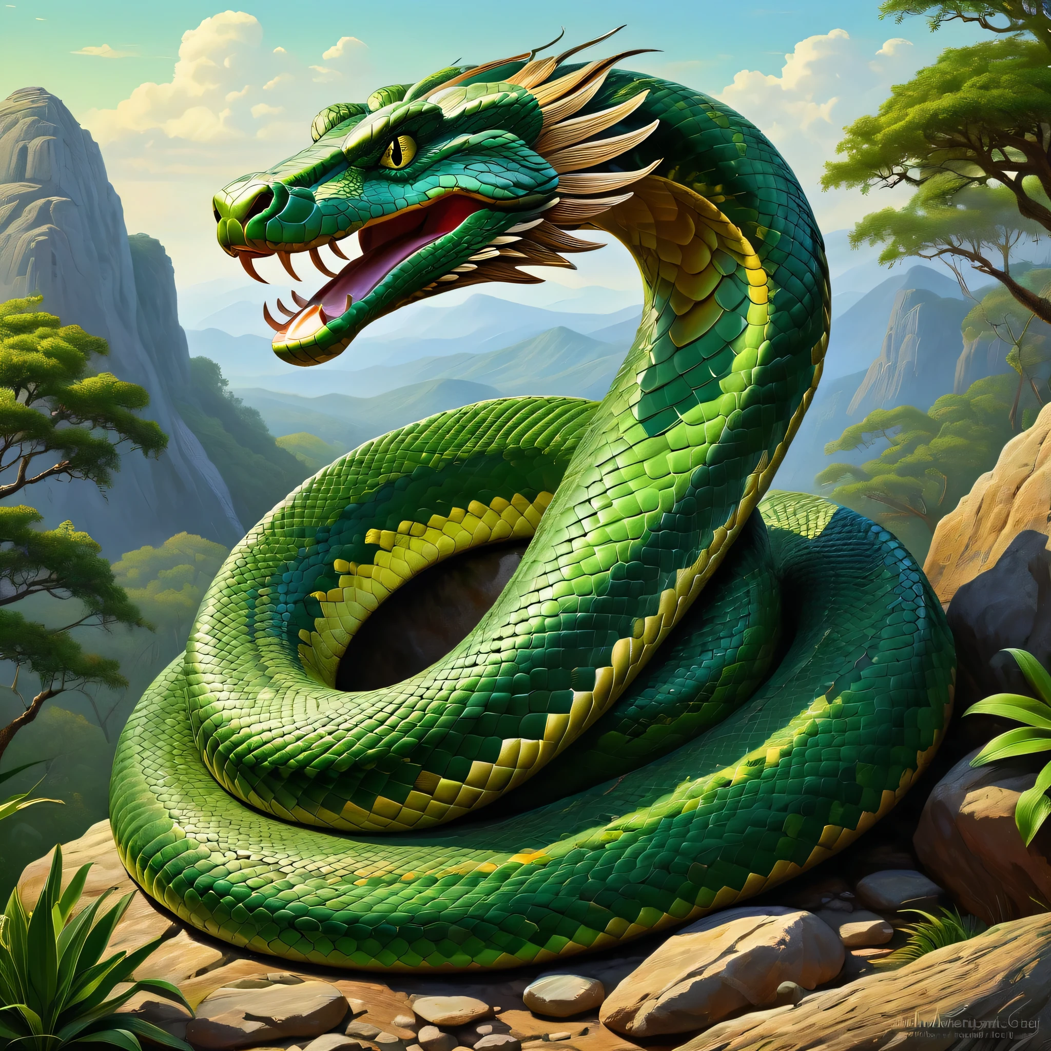 there is a giant snake that is curled up on a rock, portrait of a sacred serpent, serpent, green giant snake background, green snakes, Hildebrandt, highly detailed digital painting, snake art, by David B. Mattingly, big snake, by Adam Marczyński, Virgil finlaytim Hildebrandt, jormungandr, digital painting of Quetzalcoatl