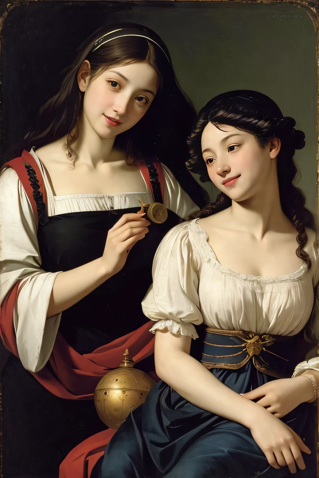 Prompt: Prompt: full body portrait or statue、Giorgione painting style,Arguments of two female Philosophe,math、astronomical machine、astronaut、roses in vase、fruits、Cute trinkets、smile、ancient greek costume、Ancient Roman landscape in the style of Nicolas Poussin,laughter,,Sweet and seductive appearance.、Caravaggio's paintings、Chiaroscuro of Caravaggio、hair tousled by the wind,Two women frolicking,cute smile, expression of ecstasy,Sexy,erotic