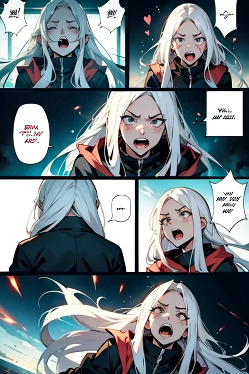 Girl with long white hair screaming in anger, manga page with panels and dialogue 