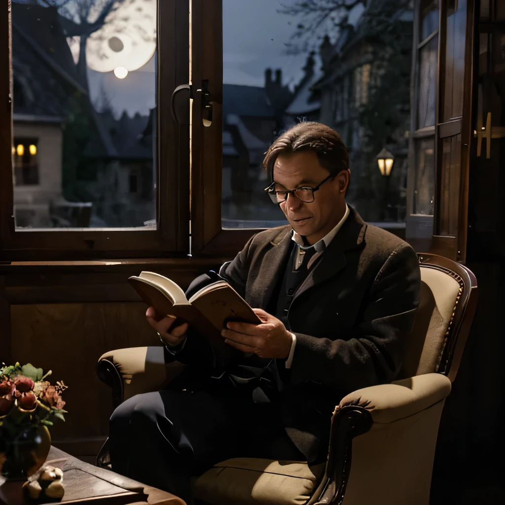 Fullbody view of a german middle aged man in glasses sitting in old burgundy armchair holding a book telling stories old cabinet background with window night moonlight and firrplace