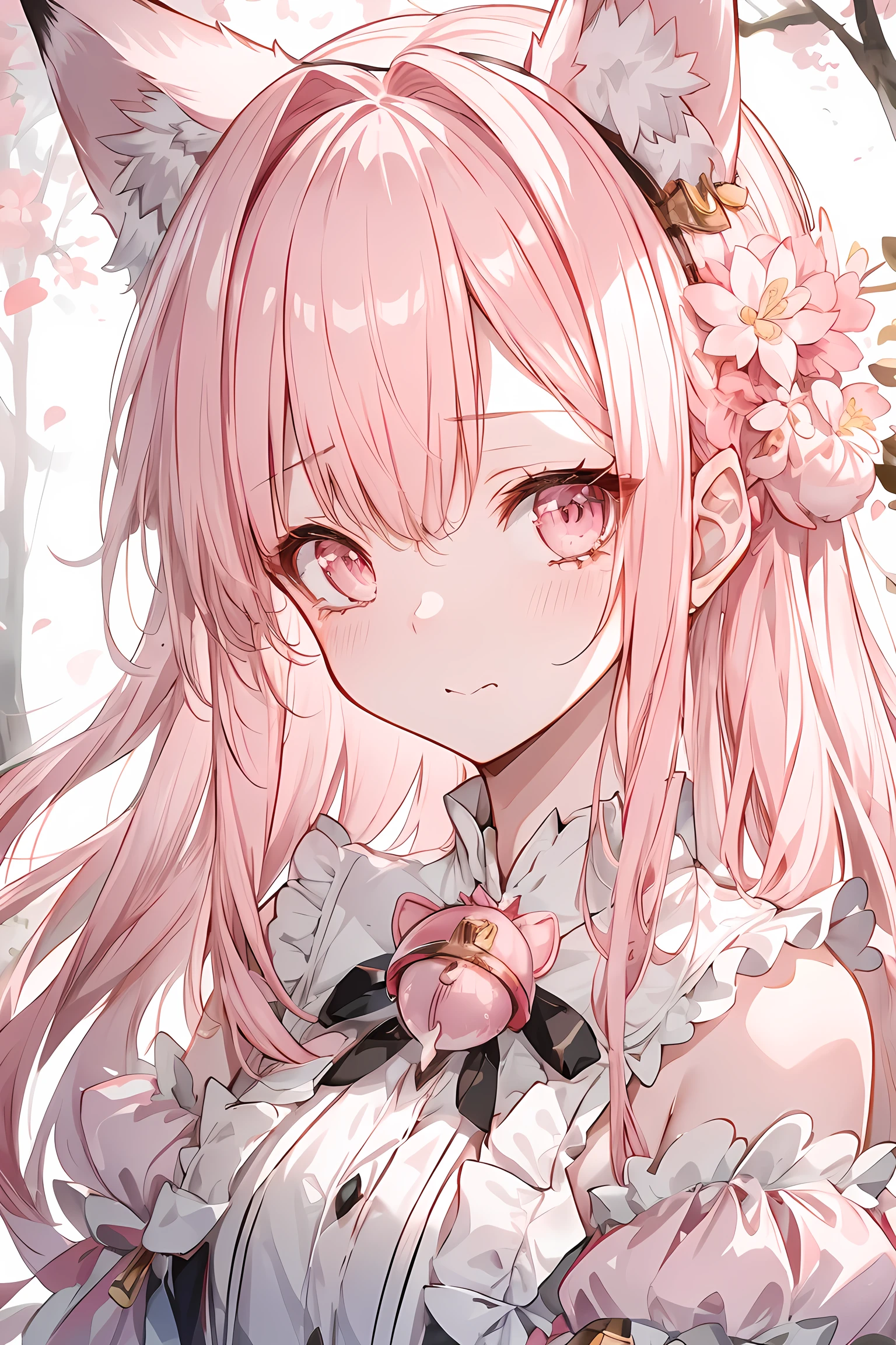 hairy, Pink fur, Off-the-shoulder white translucent morning dress, sit on the grass, Cherry blossom forest background, gold slit pupil, blushing:1, hair between eyes, pink hair, gradient hair, hair past shoulders, wet hair, shiny hair, bell, trumpet, forehead gem, lolitahairband, eye reflex, shed tears, slit pupil, fox ears, wolf ears, Awkward, blush, saliva, full blush, panicked, despair, full-face blush, realism, Ultra-realism, Ray tracing, reflected light, backlight, Fuji color, Bokeh, ultra high definition, retina, anatomically correct, Super details, best quality, high resolution