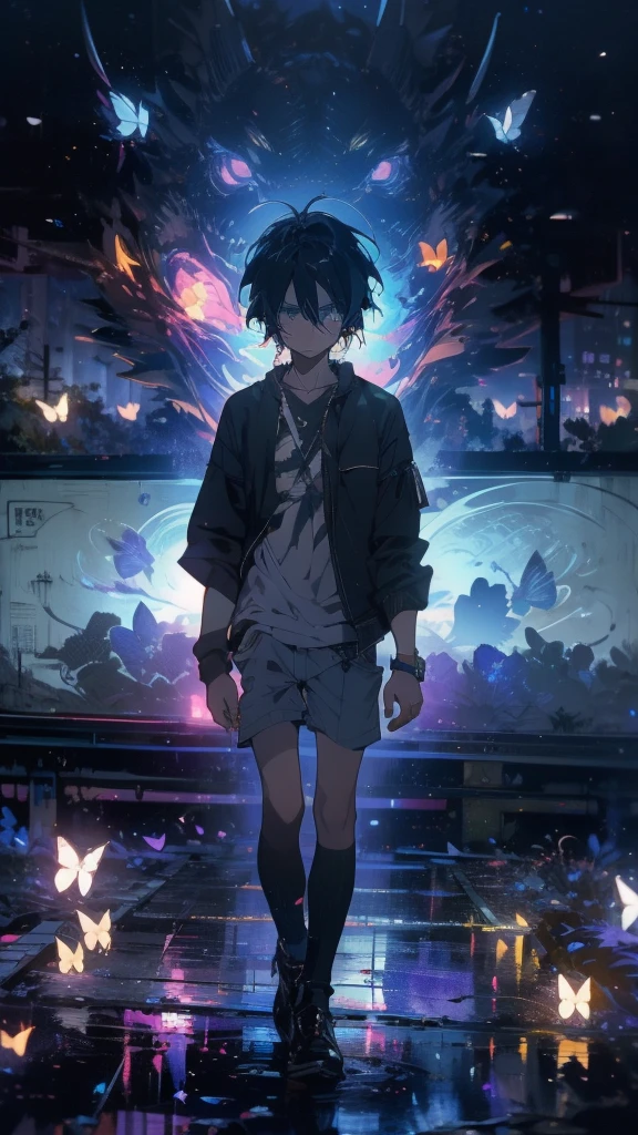 1 anime boy, alone,Black petals flutter, A mysteriously shining butterfly.city,thin legs,Gloomy cloudy sky,sad expression,very clear,highest quality,city,standing on the street corner,Are crying,tears,close up of face,
,Kick the can