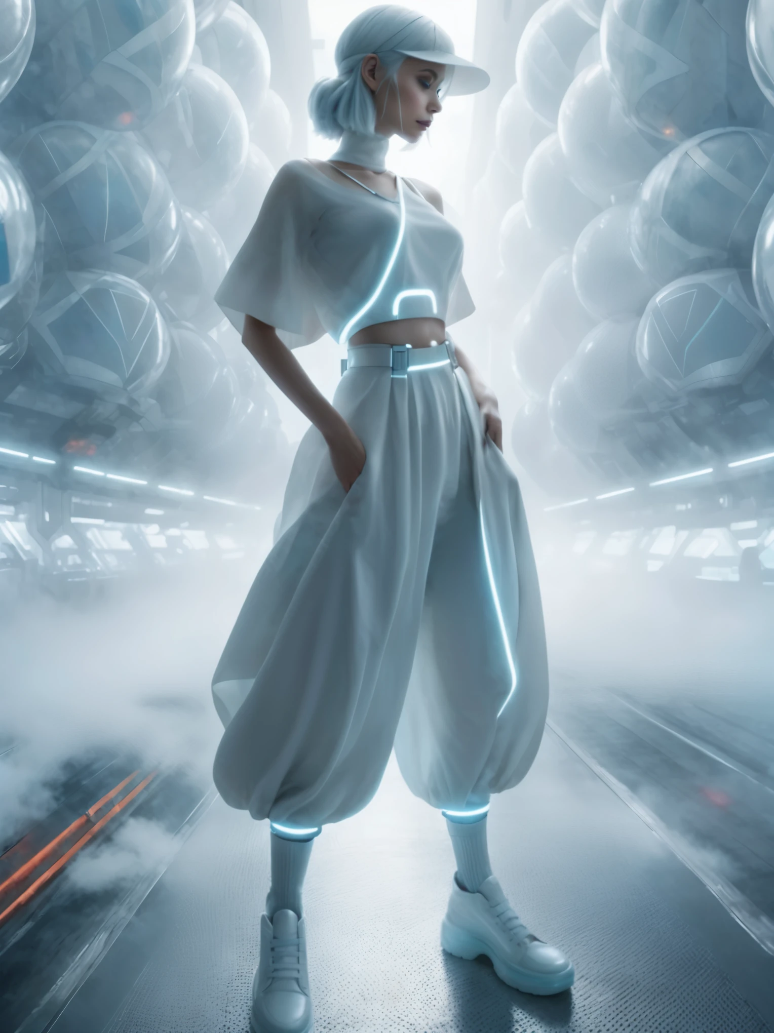 masterpiece, Best Quality, Realistic, In the dimly lit colony shrouded in white mist, she standing as a solitary fashion model. She is wearing in a cyber-themed outfit centered around the color white. She wears a high-neck, sleeveless top paired with a maxi skirt with a round silhouette, from which a large balloon extends at the waist. Neon-lit harnesses are connected to her outfit, creating a futuristic atmosphere.

With her silver hair and blue glowing eyes, she completes her look with high-cut sneakers accented with neon. Captured from a side angle, she sits and gazes ahead with a somewhat melancholic expression, hyper small head and face, wide Duck mouth, half open mouth, perfectly aligned teeth, perfect beautiful teeth, light blue eyes, half open eyes, shiny Droopy eyes, gray hair, looking other, She is situated within the interior of a futuristic colony, with mist drifting and steam rising from concrete