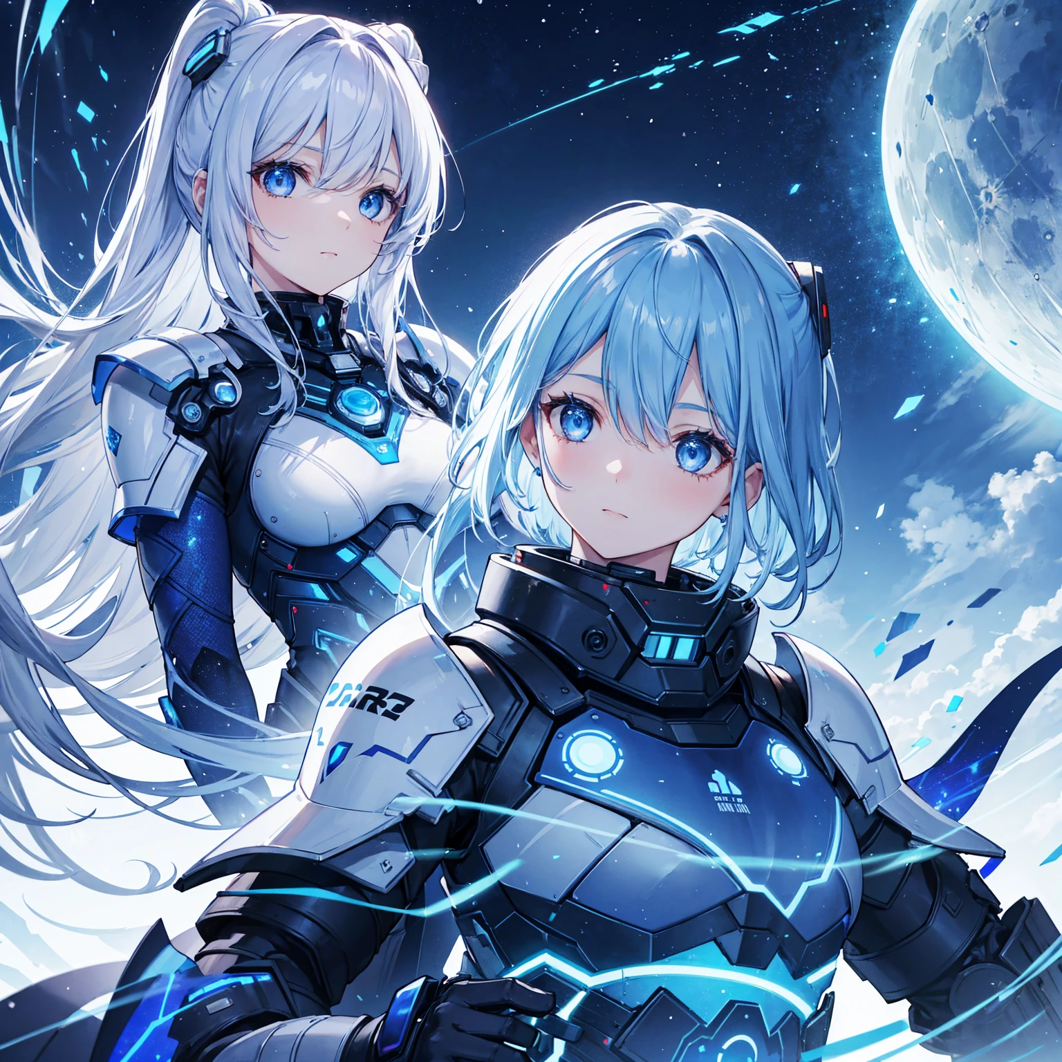 8k, highest quality, (real:1.4), Original photo, 1 girl, Asari Hair, Biological Amplifier, refined armor, posture: Peace talks between warring factions, smart blue eyes,Big blue moon in the background