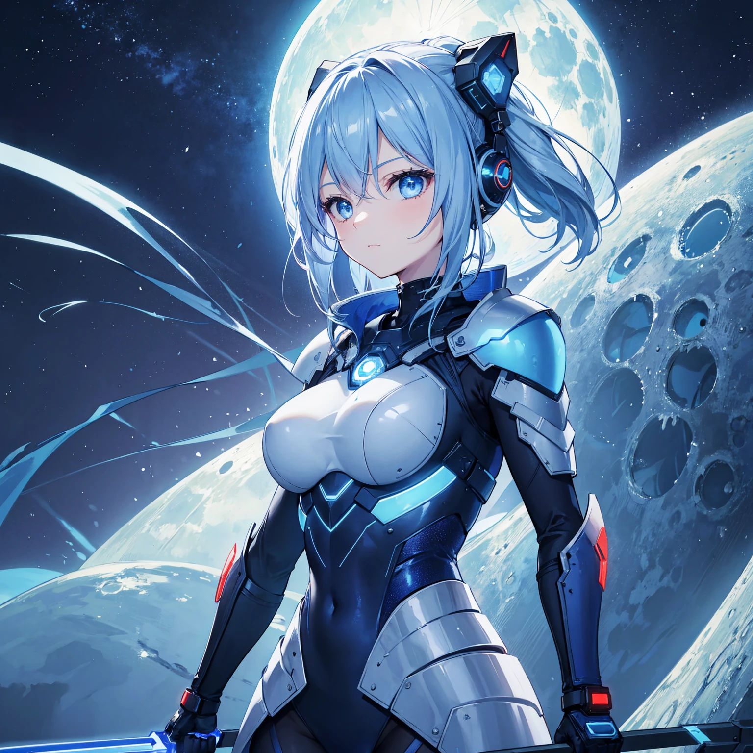 8k, highest quality, (real:1.4), Original photo, 1 girl, Asari Hair, Biological Amplifier, refined armor, posture: Peace talks between warring factions, smart blue eyes,Big blue moon in the background
