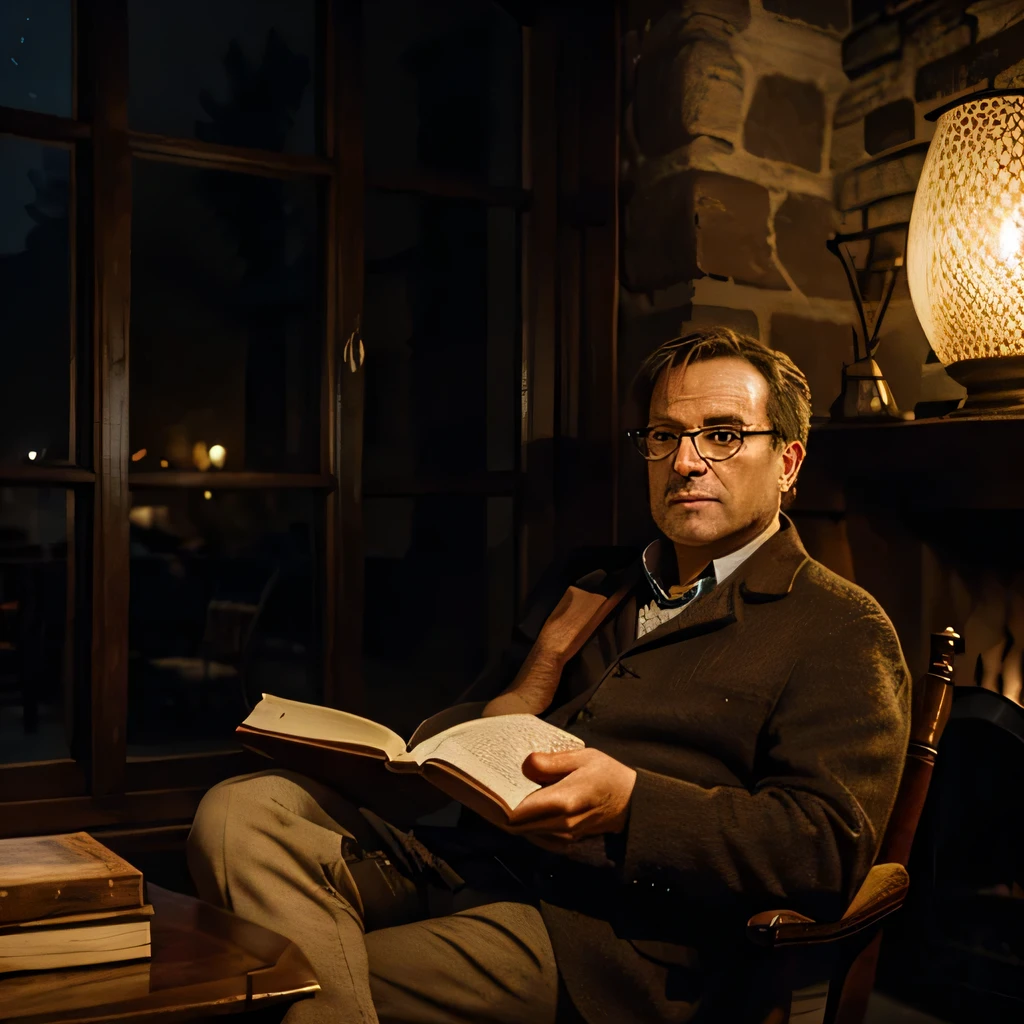 Fullbody view of a german middle-aged man in glasses sitting in old burgundy armchair holding a book telling stories old cabinet background with window night moonlight and fireplace