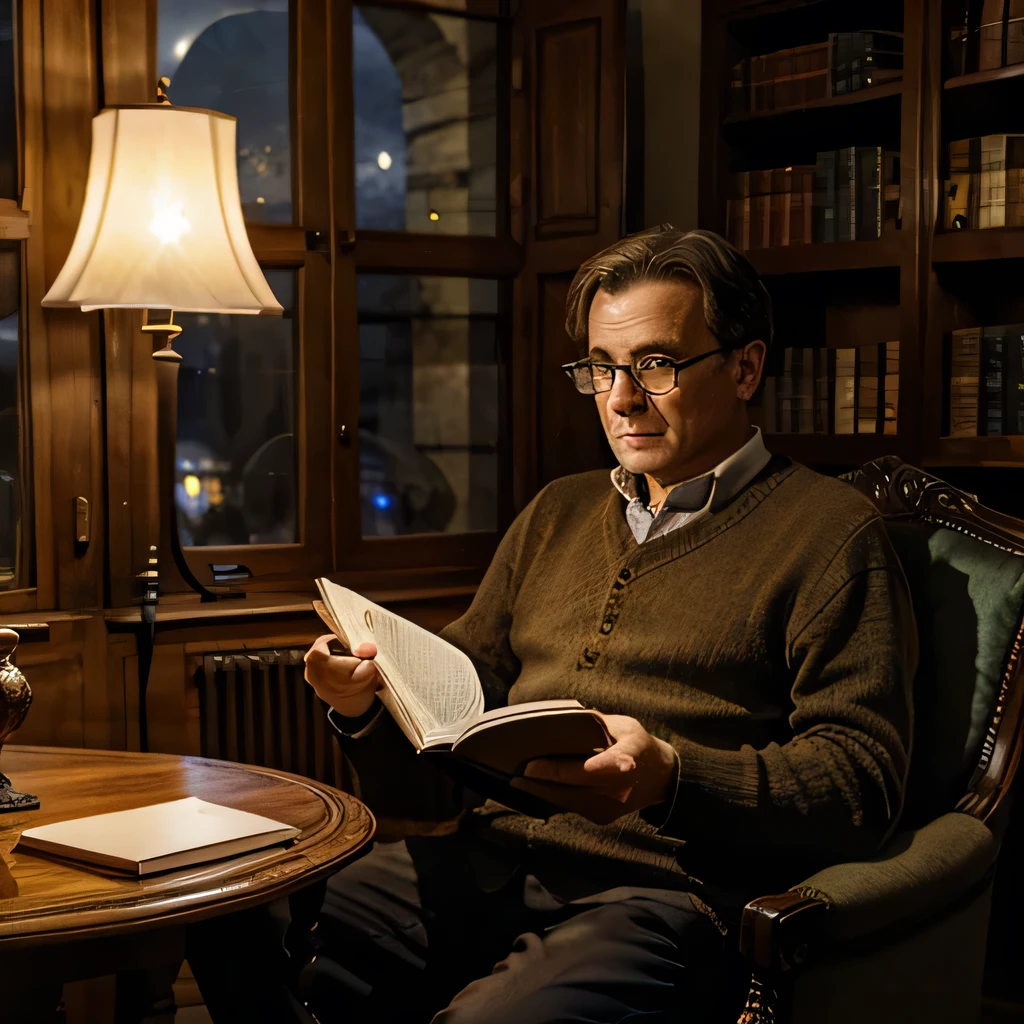 Fullbody view of a german middle aged man in glasses sitting in old burgundy armchair holding a book telling stories old cabinet background with window night moonlight and firrplace