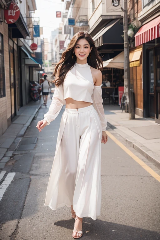highest quality、4K、Perfect Face、Perfect Style、Sunburn、beautiful、stylish appeal、Mature、long layer brown hair、Swept-back hair、at city 、full body, giddy smile 、hoop pierce、wide pants、beautiful abs、beautiful legs