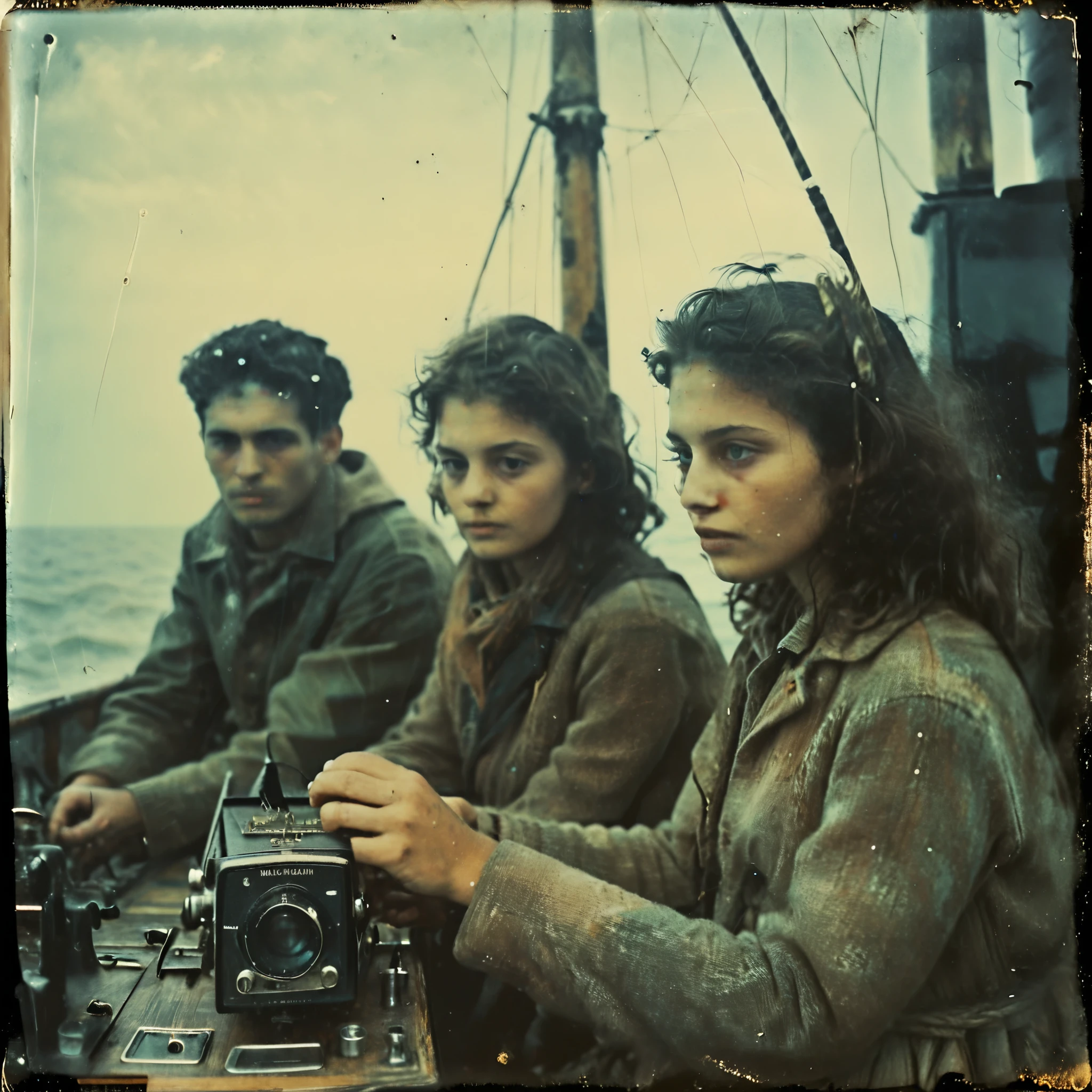 side-view, perspective, grainy, polaroid, 35mm vintage, super realistic old photo, old camera, heavy shading, eerie, horror 4 young adults on sail-boat in the Atlantic ocean, operating ham-radio, transmitter and receiver