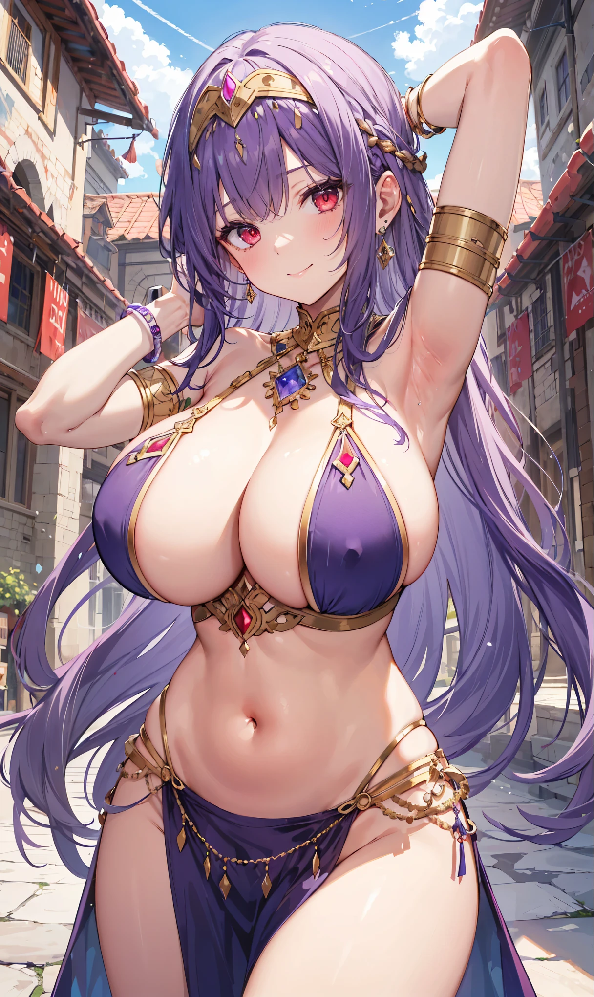 high quality, ultra detailed, best quality, insanely detailed, beautiful, masterpiece, 1girl, medieval plaza, cowboy shot, red eyes, long hair, purple hair, belly dancer, circlet, earrings, armlets, bracelets, bashful smile, large breasts, cleavage, soft stomach