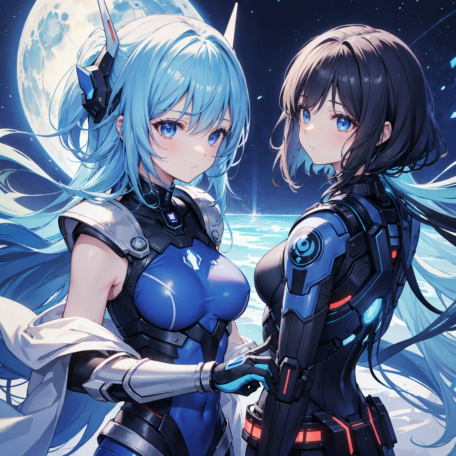 8k, highest quality, (real:1.4), Original photo, 1 girl, Asari Hair, Biological Amplifier, refined armor, posture: Peace talks between warring factions, smart blue eyes,Big blue moon in the background
