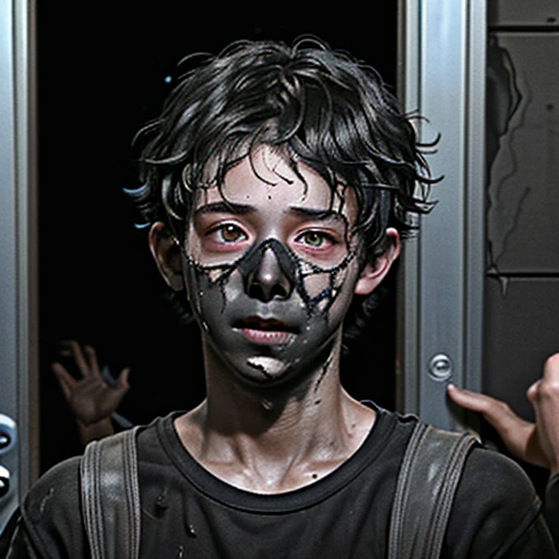 Close-up of a boy covered in soot emerging from a building entrance after being caught in an explosion during the filming of a comedy movie