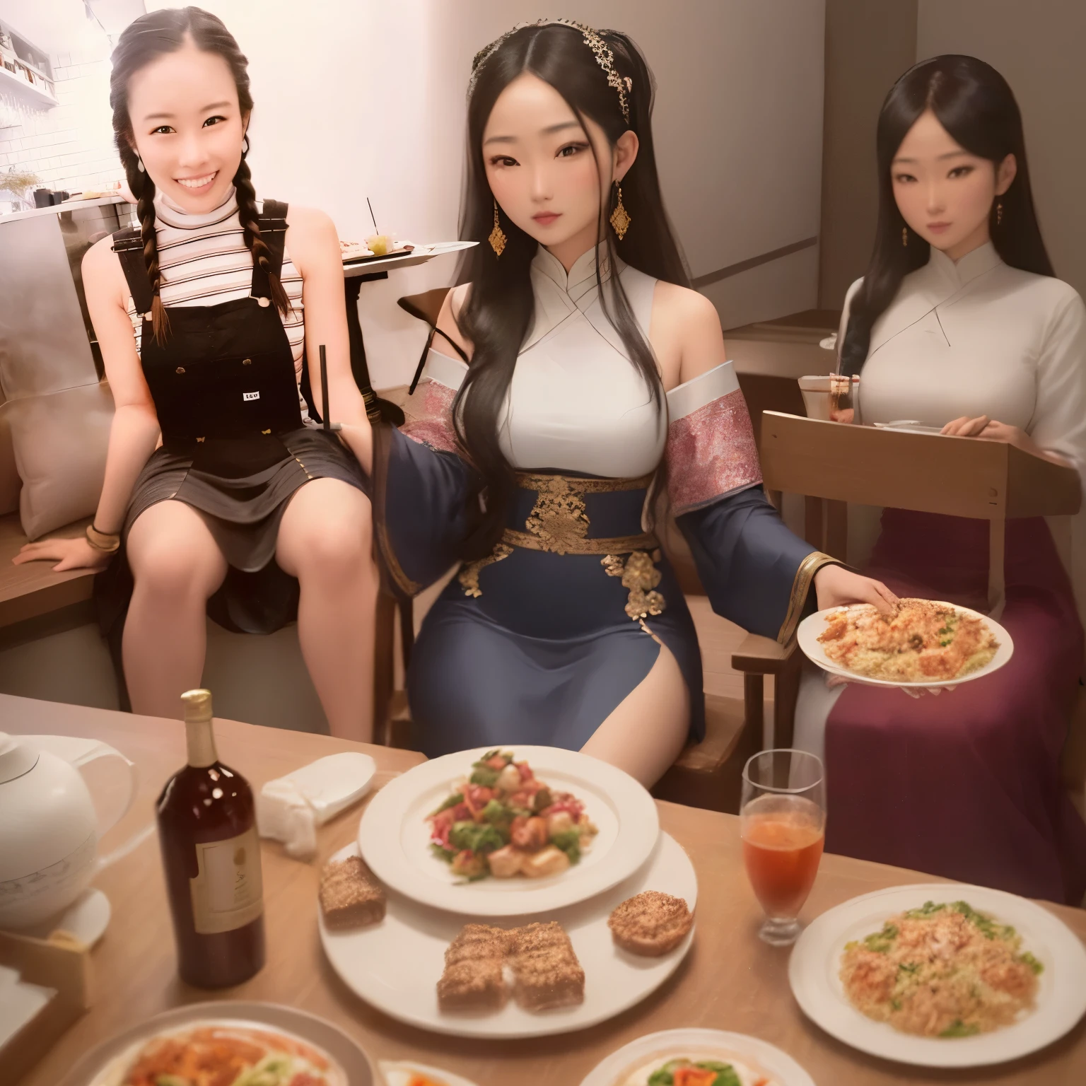 Arabian woman sitting at a table holding a plate of food and drink, Gemma Chen, Jackie Tsai Style, Lulu Chen, 27 years old, Ronke Chen, 28 years old, Choi Hong-hwa, Black Pigtails, Shishion Wu, Catherine Lamb, Random Artist, Louise Chan, Wenfei Ye, 29-year-old