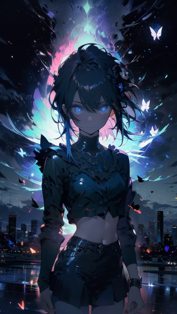 1 anime boy, alone,Black petals flutter, A mysteriously shining butterfly.city,thin legs,Gloomy cloudy sky,sad expression,very clear,highest quality,city,standing on the street corner,Are crying,tears,close up of face,
,farewell