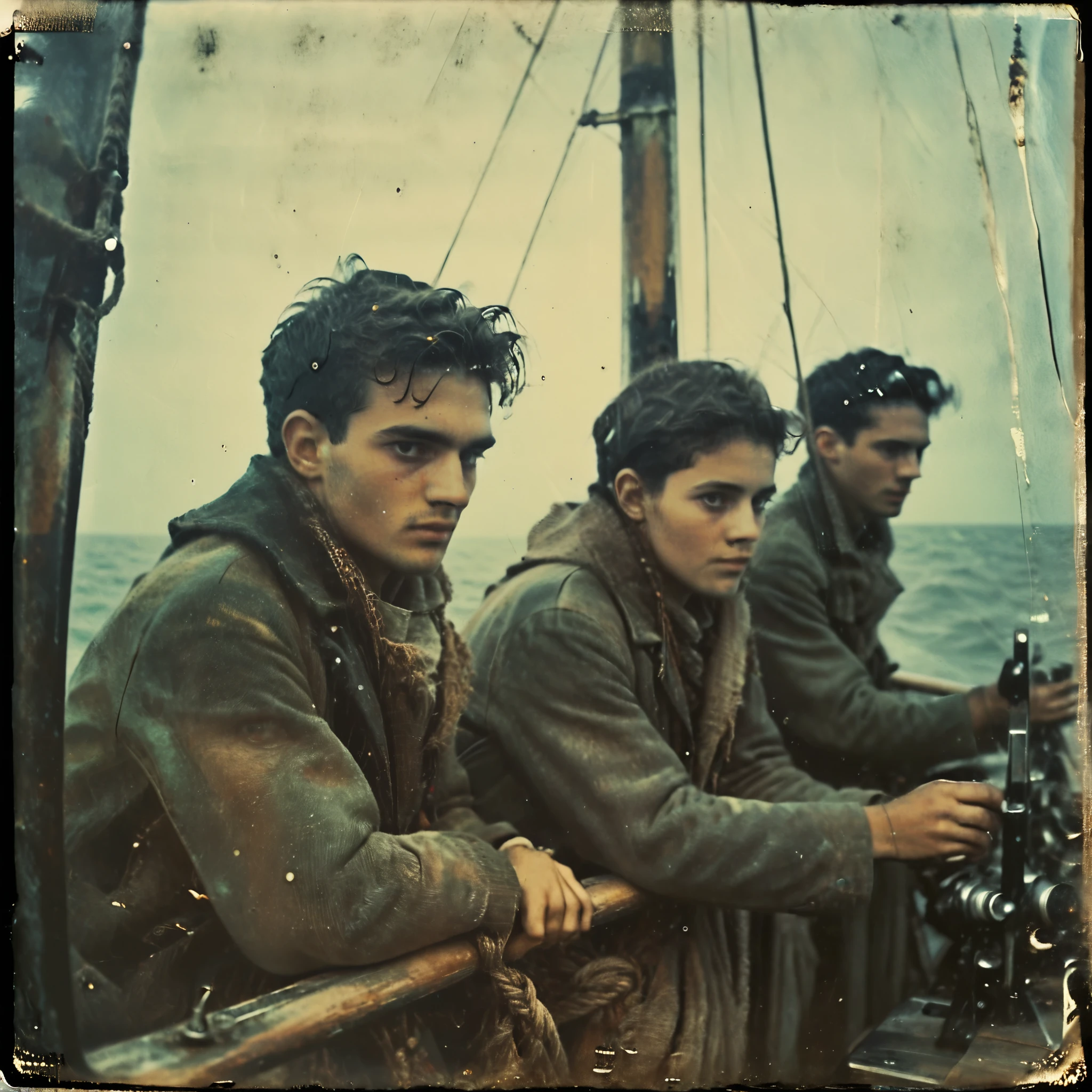 side-view, perspective, grainy, polaroid, 35mm vintage, super realistic old photo, old camera, heavy shading, eerie, horror 4 young adults on sail-boat in the Atlantic ocean, operating ham-radio, transmitter and receiver