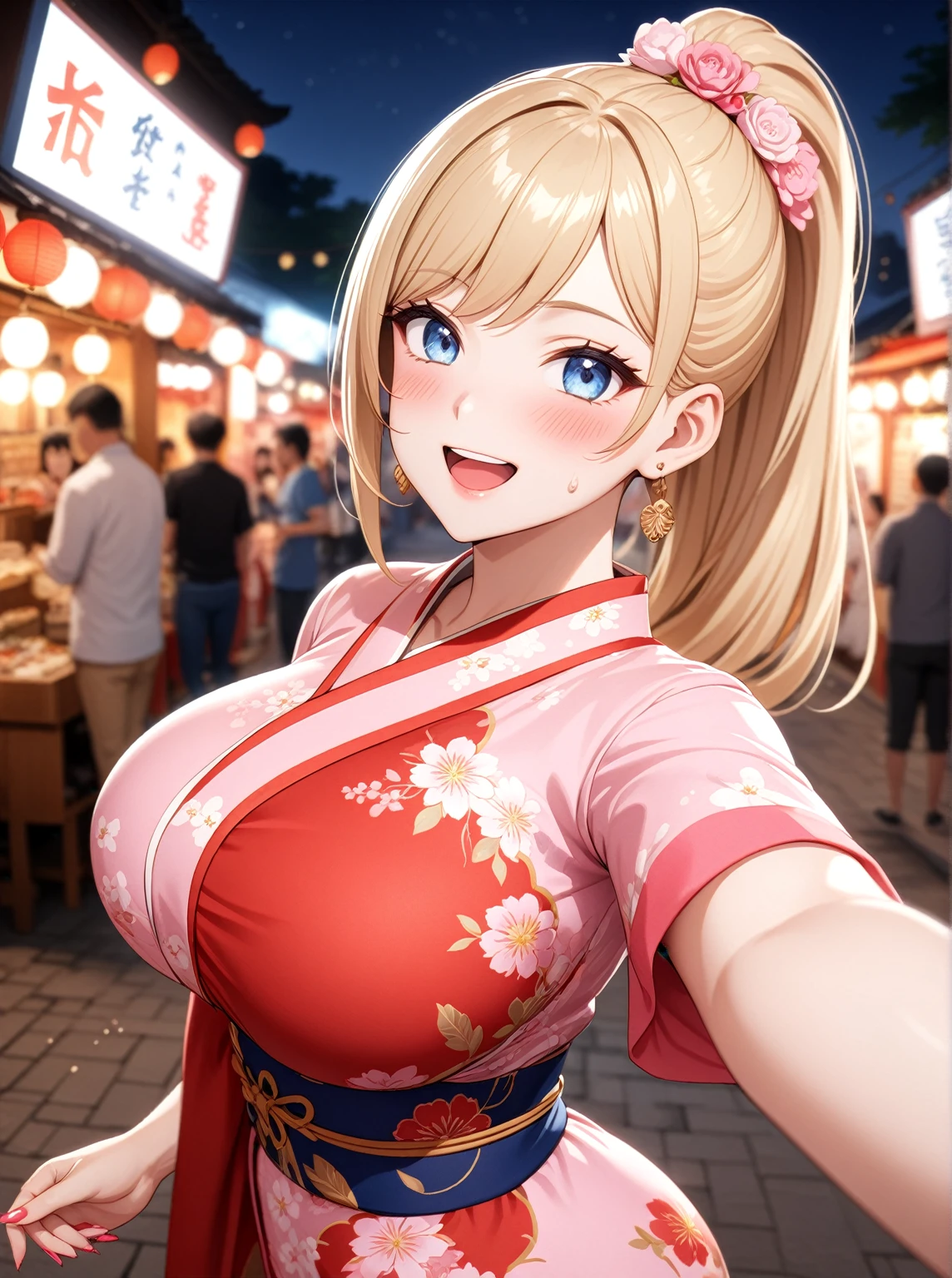 ((one personの女性)), Beautiful Face,Laugh shyly,((Wink:1.6)),laugh with a big mouth,(Selfie with boyfriend),turn bright red,Sweat on the face,Glossy pink lips,evening, Shrine festival stalls,((Anime style background)),masterpiece, highest quality, so beautiful, Latest, Complex details, (Pink long nails),AI-generated, Complex,High resolution, highest quality, super high quality,3D Images、View your viewers、3D Images,one person,Long Blonde Hair,High Ponytail,blue eyes,Anime woman posing for a photo, [[Fine grain、Colorful eyes、Shining Eyes:1.15]],(Squint your eyes:1.1),a hyperRealistic , hyperRealistic , Realistic,Blonde anime woman with long hair, Smooth anime CG art, A woman in a colorful kimono with gold embroidery, (Yellow kimono),Pink floral pattern,Long flower hair ornament,Big earrings,(Big Breasts:1.2),Mature Body,expensive,Big Ass,Fine details,Tight waist,Abdominal muscles,Photographed from diagonally above,Looking into the camera