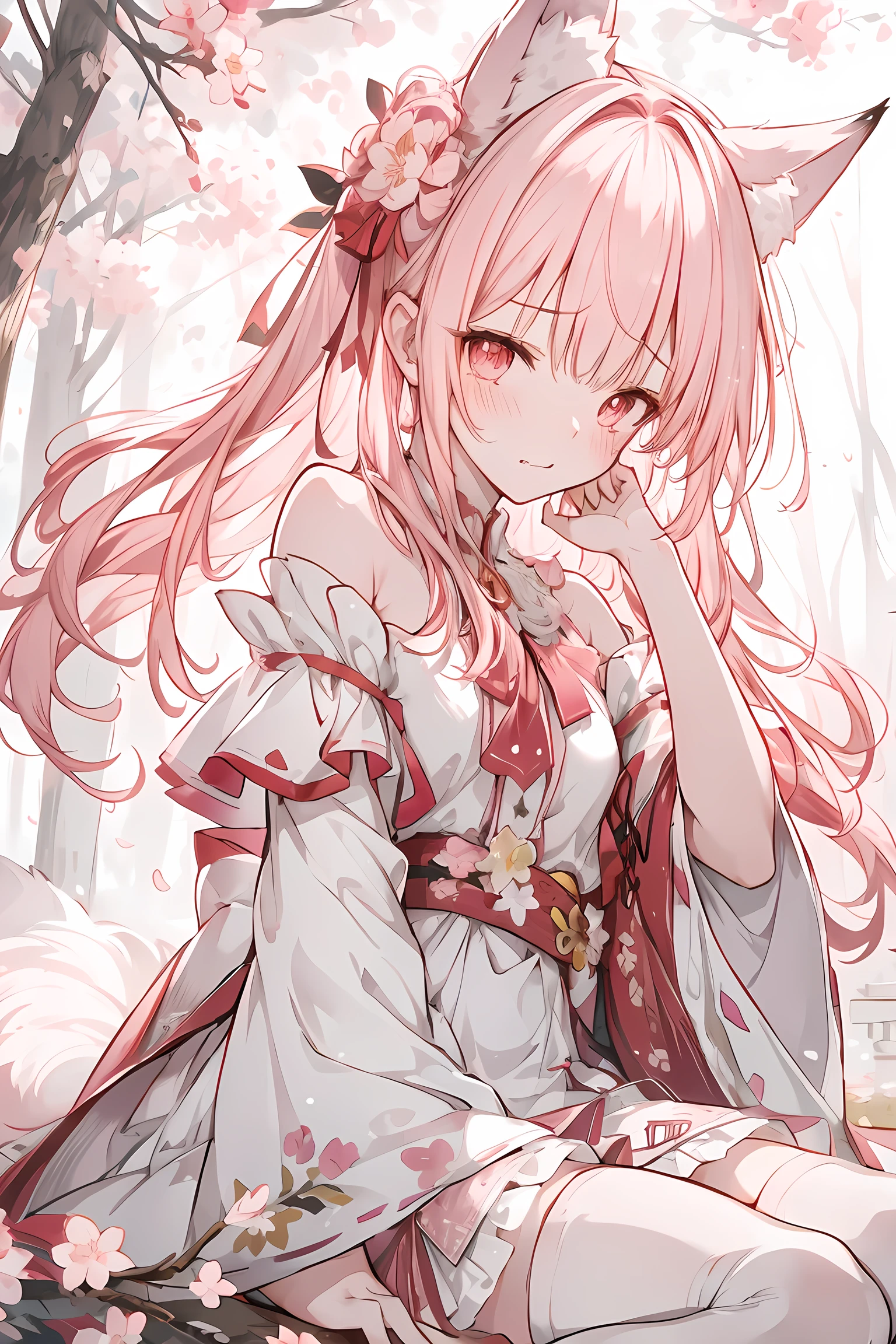 hairy, Pink fur, Off-the-shoulder white translucent morning dress, sit on the grass, Cherry blossom forest background, gold slit pupil, blushing:1, hair between eyes, pink hair, gradient hair, hair past shoulders, wet hair, shiny hair, bell, trumpet, forehead gem, lolitahairband, eye reflex, shed tears, slit pupil, fox ears, wolf ears, Awkward, blush, saliva, full blush, panicked, despair, full-face blush, realism, Ultra-realism, Ray tracing, reflected light, backlight, Fuji color, Bokeh, ultra high definition, retina, anatomically correct, Super details, best quality, high resolution