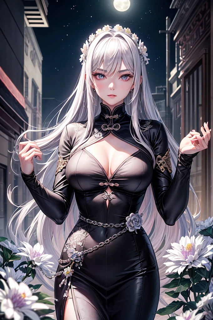 masterpiece, the best, night, Full Moon, 1 female, Mature woman, Chinese, China, elder sister, Royal sisters, Cold Face, Poker face, Silver-white hair woman, Light pink lips, calm, Intellectuals, Three belts, Gray pupil, assassin, dagger, Flower ball background, Street View