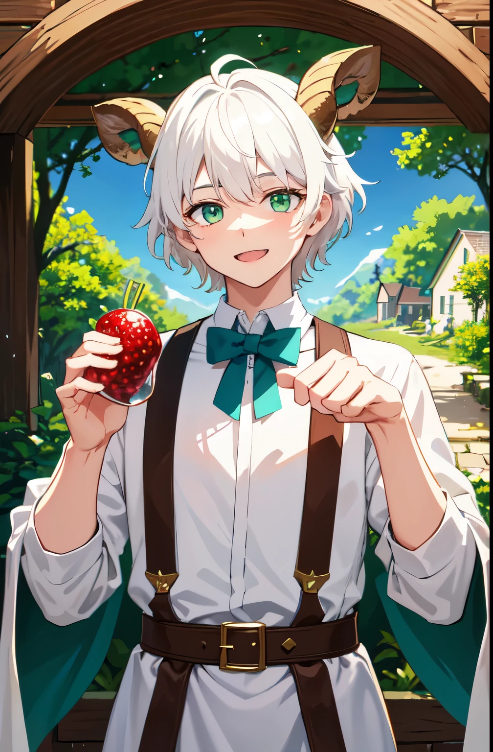 artwork, 8k! Animated Illustration, masterpiece, highly detailed 8k CG unit wallpapers, Incredibly bright colors, White Hair、Goat horns、Green Eyes、male、Fantasy、Pharmacy、House surrounded by forest、The herbs are dried、Laughing、short hair、boy、Berry Short、Upper Body、front、Brown clothes、Kind Face、