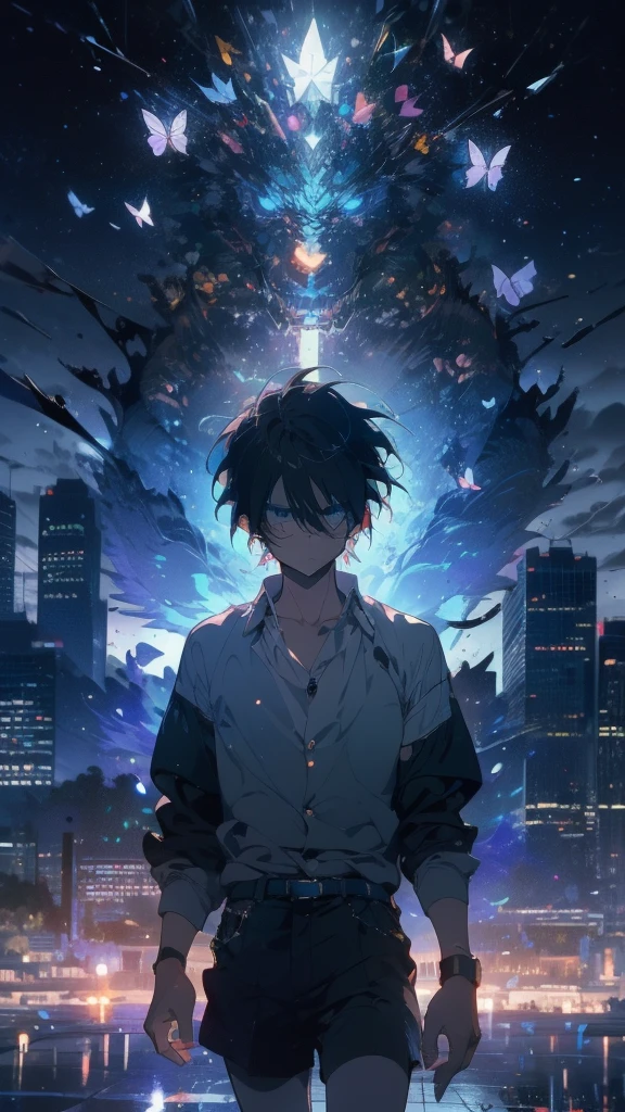 1 anime boy, alone,Black petals flutter, A mysteriously shining butterfly.city,thin legs,Gloomy cloudy sky,sad expression,very clear,highest quality,city,standing on the street corner,Are crying,tears,close up of face,
,The world in the book