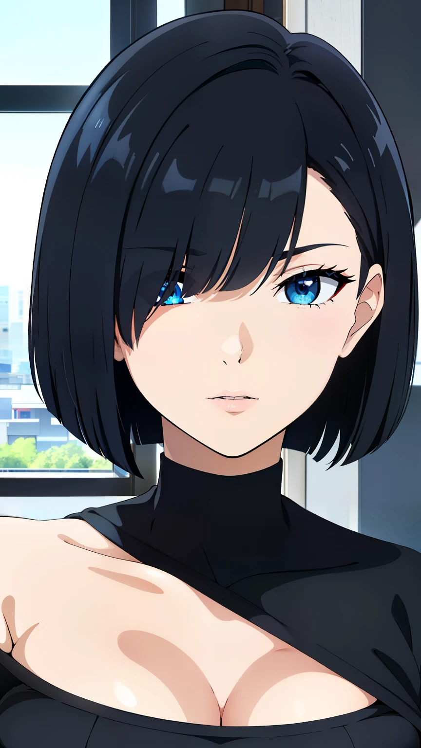 (best quality:1.5, highres, UHD, 4K, detailed lighting, shaders), black hair, bob cut, hair covering one eye, cool woman, cool girl, sharp eyes, blue eyes, beautiful, indoors background, casual clothes, (pov, close shot), hug pose