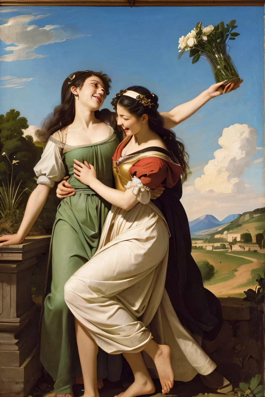 Prompt: Prompt: full body portrait or statue、Giorgione painting style,Arguments of two female Philosophe,math、astronomical machine、astronaut、roses in vase、fruits、Cute trinkets、smile、ancient greek costume、Ancient Roman landscape in the style of Nicolas Poussin,laughter,,Sweet and seductive appearance.、Caravaggio's paintings、Chiaroscuro of Caravaggio、hair tousled by the wind,Two women frolicking,cute smile, expression of ecstasy,Sexy,erotic