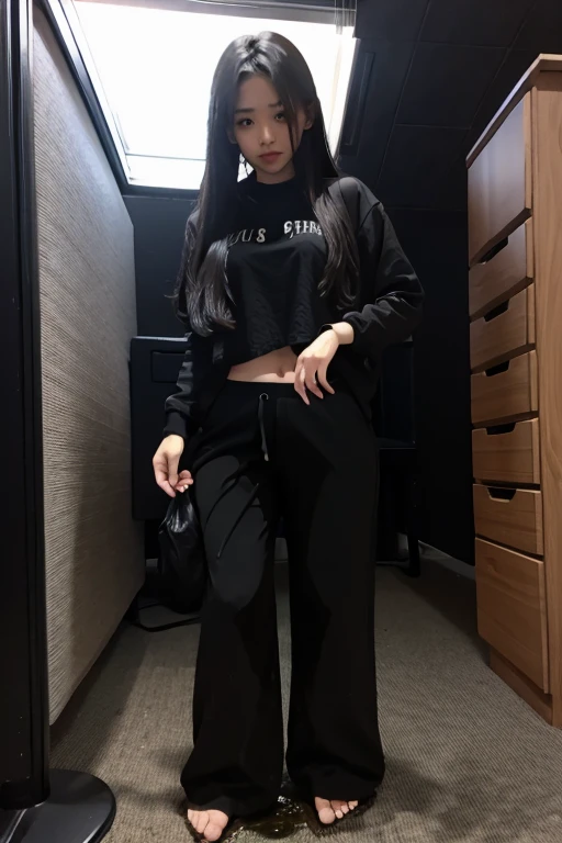 Malay Girl sees the ghost and pees her black palazzo pants until her pants are wet in fright.