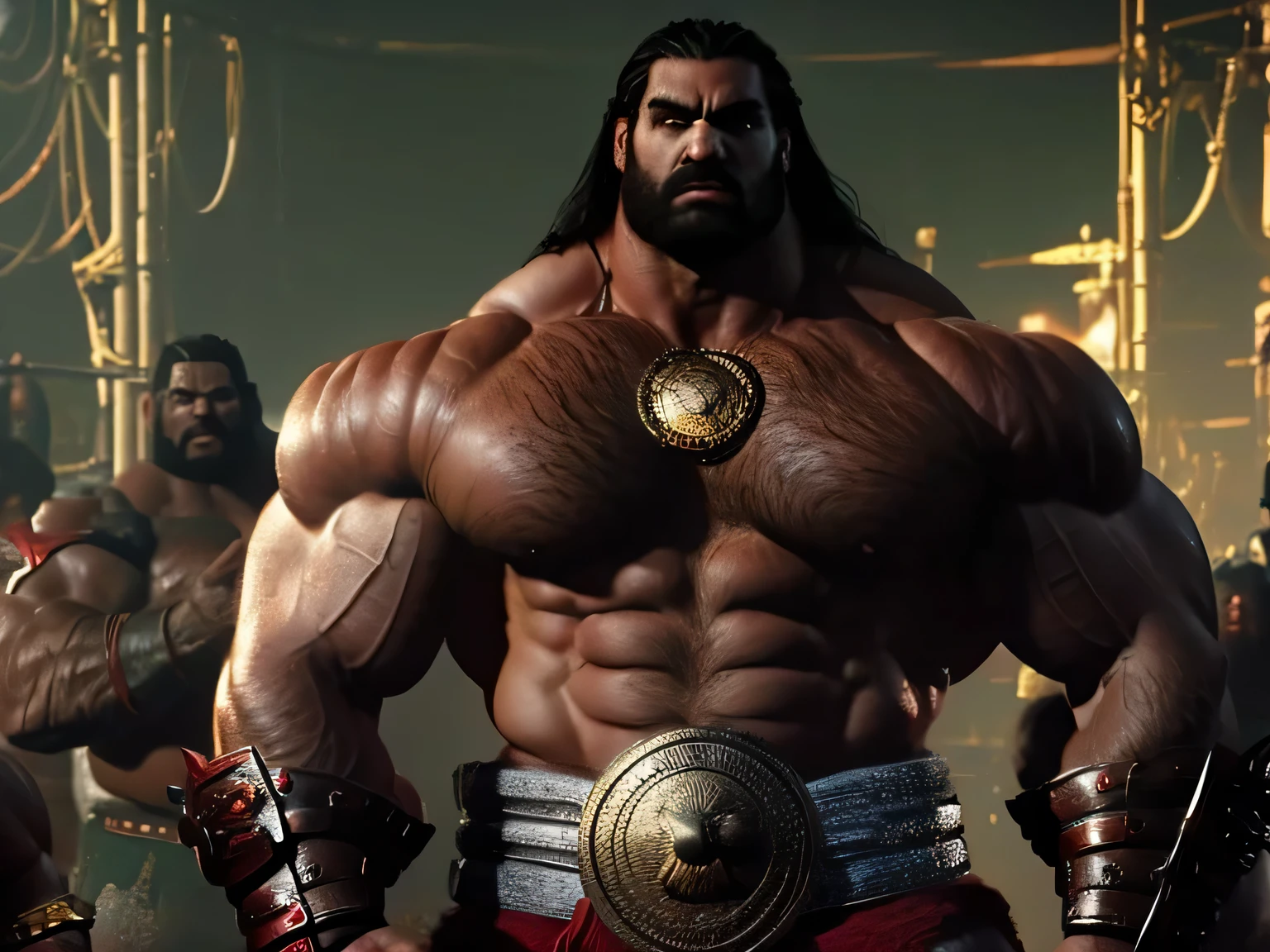 A wild extremely muscular warrior with black hair beard and chest hair fights with an African muscle god, beide sind nackt, Ringkampf in einer Arena, Orc-Arena, gigantische Brustmuskeln, pralle Brustmuskeln, angespannte Brustmuskeln, schwere Ketten, wilder Blick, fotorealistisch,