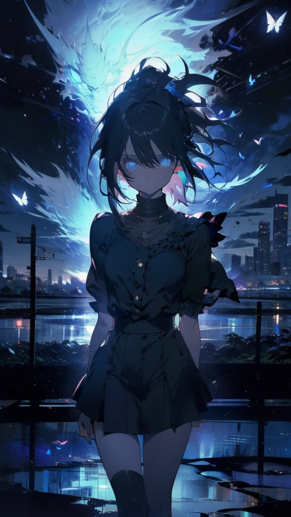1 anime boy, alone,Black petals flutter, A mysteriously shining butterfly.city,thin legs,Gloomy cloudy sky,sad expression,very clear,highest quality,city,standing on the street corner,Are crying,tears,close up of face,
,The world in the book