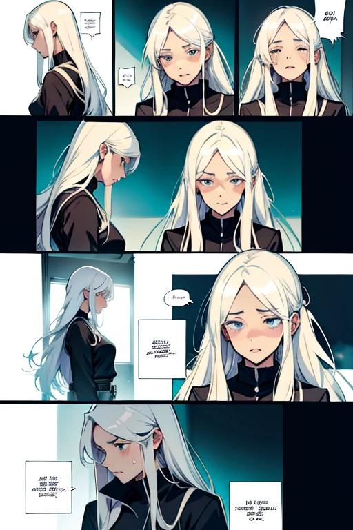 Girl with long white hair crying, manga page with panels and dialogue