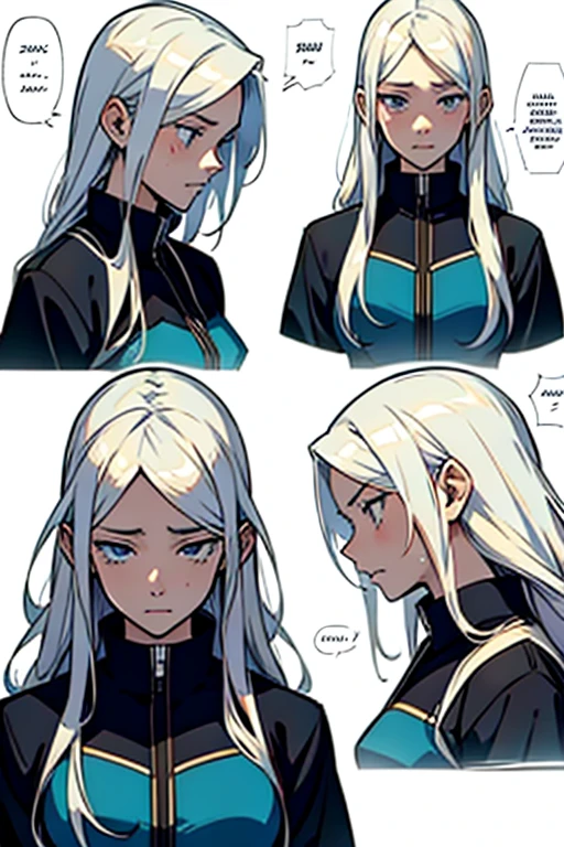 Girl with long white hair crying, manga page with panels and dialogue