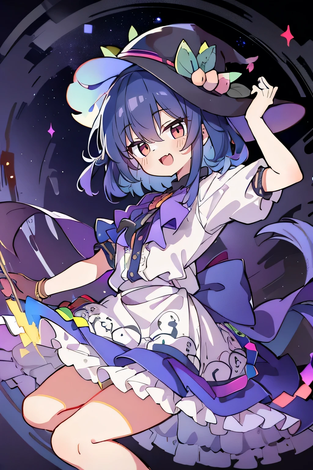((masterpiece:1.2, best quality)), 1girl, solo, (witch hat), a close up of a girl with curl hair, short hair, dress, aurora, night, star (sky), gloves, sky, dress, night sky, open mouth, starry sky, light blue eyes, ribbons, smile, cape, blue hair, magic, casting spell, night, (impressionism:1.4), alphonse mucha, Halloween colors, colorful candy