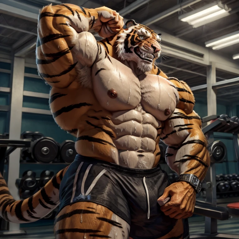 Bodybuilder Tiger flexing in gym with grin face panting and big and sweat body