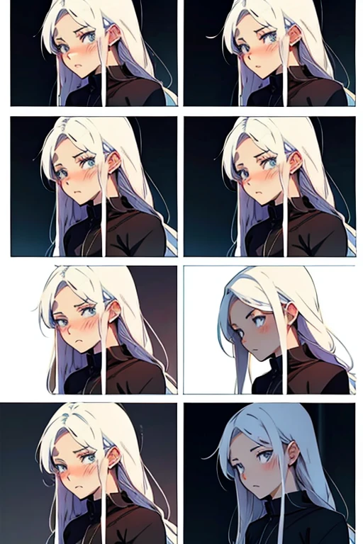 Girl with long white hair blushing, manga page with panels and dialogue 